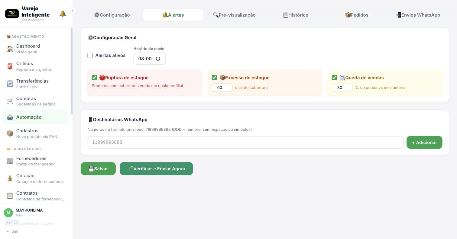 Tela do sistema Automação WhatsApp — Configuração de alertas automáticos